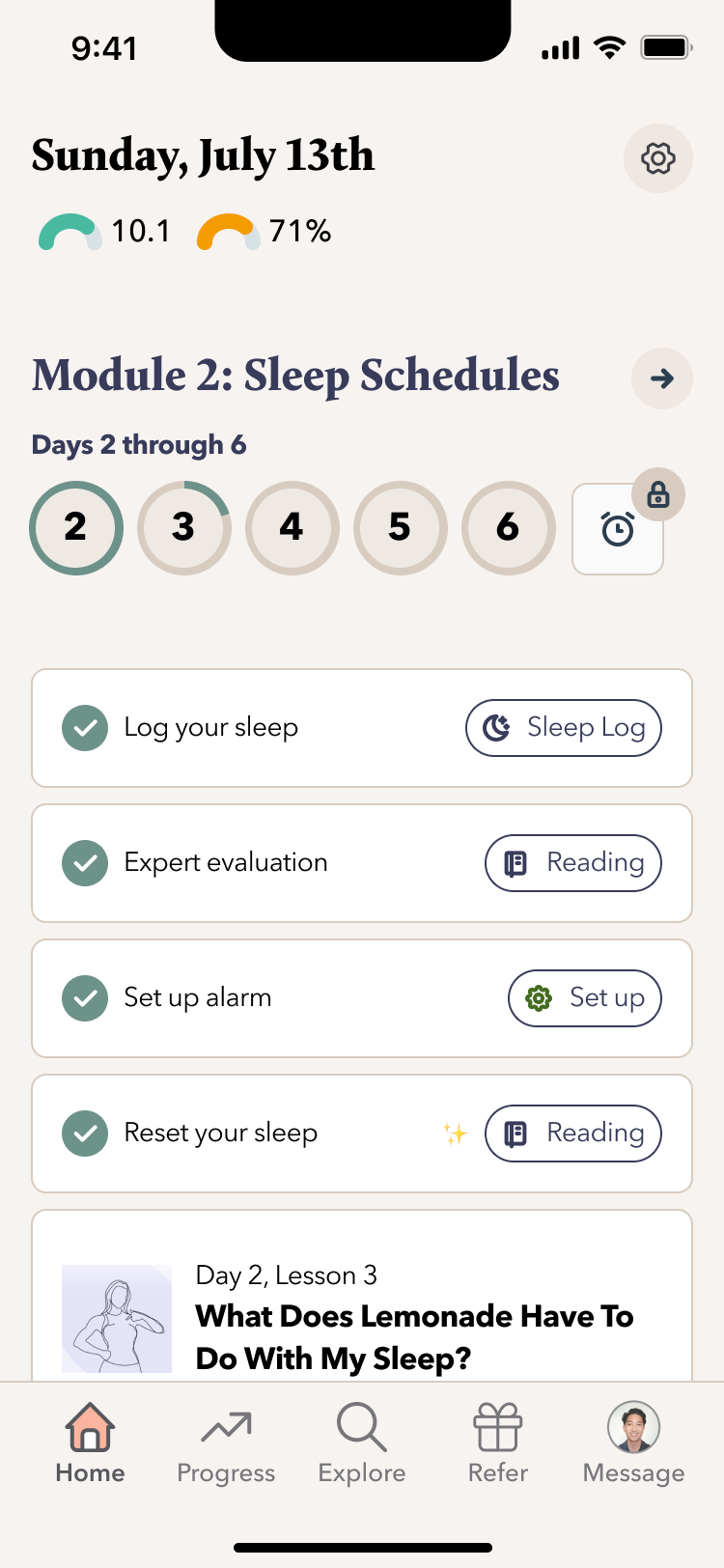 Sleep Reset — home screen